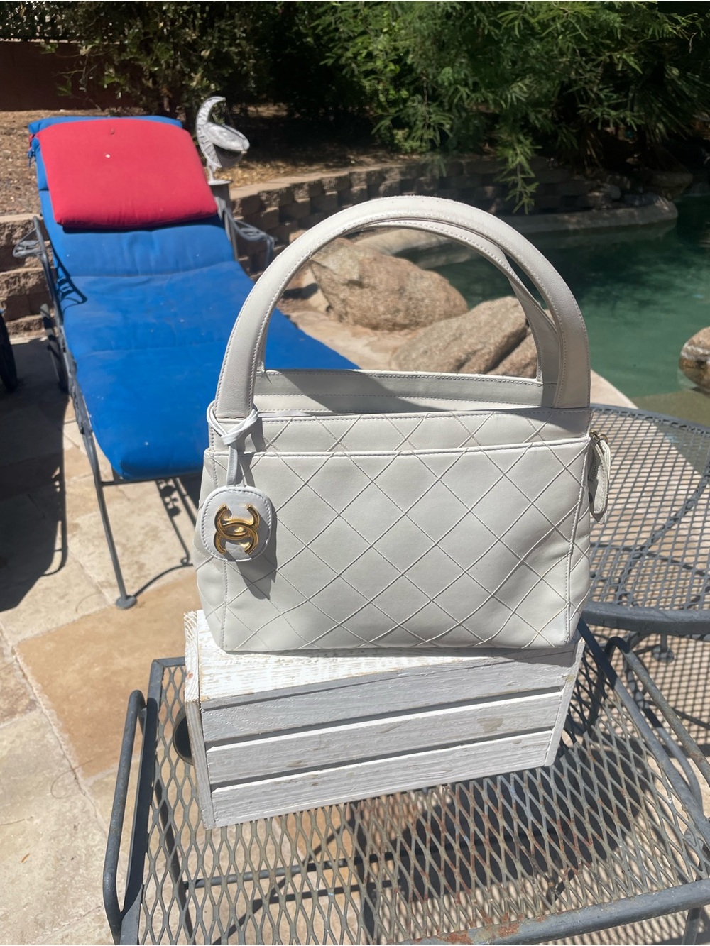 CHANEL White Quilted Leather Top-Handle Satchel with Gold Charm